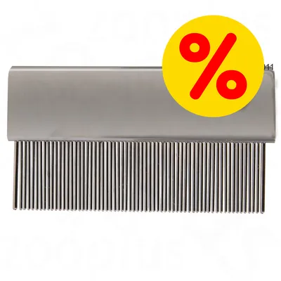 Pettine in metallo con simbolo percentuale rosso su sfondo giallo, indicazione di offerta o sconto visibile sull'immagine.