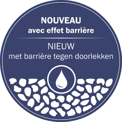 NOUVEAU avec effet barrière. NIEUW met barrière tegen doorlekken. Texte en français et néerlandais, symbole goutte d’eau au centre.