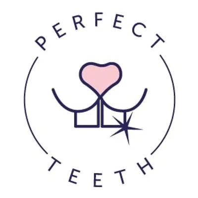 PERFECT TEETH text in a circle with stylised pet mouth, two square teeth and sparkle icon. All text in English.