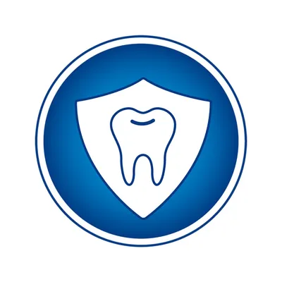 Pictogram van een tand in een schild, symbool op blauwe cirkel. Geen tekst zichtbaar.