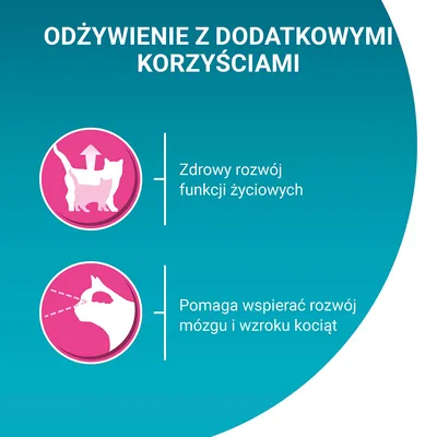Odżywienie z dodatkowymi korzyściami: zdrowy rozwój funkcji życiowych, pomaga wspierać rozwój mózgu i wzroku kociąt.