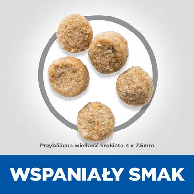Przybliżona wielkość krokieta 4 × 7,5 mm. Napis: WSPANIAŁY SMAK.