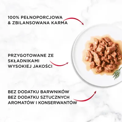 100% pełnoporcjowa i zbilansowana karma, przygotowane ze składnikami wysokiej jakości, bez dodatku barwników, sztucznych aromatów i konserwantów. Widoczna porcja karmy na talerzu.