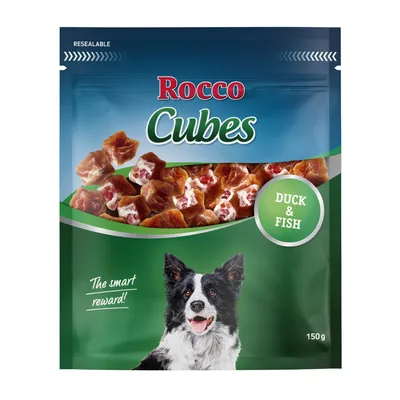 Rocco Cubes Duck & Fish, 150g. Hundesnack mit Ente und Fisch. Verpackung mit wiederverschliessbarem Design. Text: 'The smart reward!'.