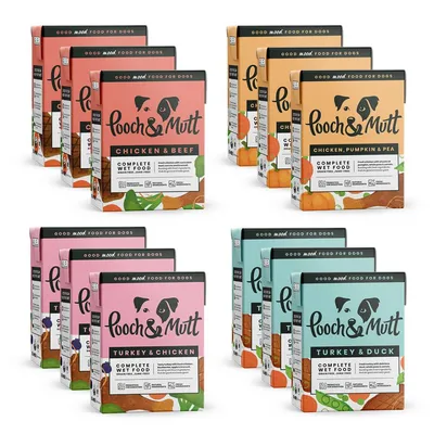 Multipack of Pooch & Mutt complete wet food in four varieties: Chicken & Beef, Chicken Pumpkin & Pea, Turkey & Chicken, and Turkey & Duck. Packaging shows key ingredients.