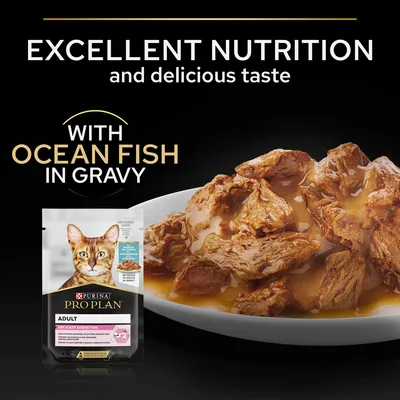 Purina Pro Plan Adult macskaeledel, ocean fish in gravy, delicate digestion. Kép: tálban szószos haldarabok, csomagolás és angol nyelvű tájékoztató szöveg látható.