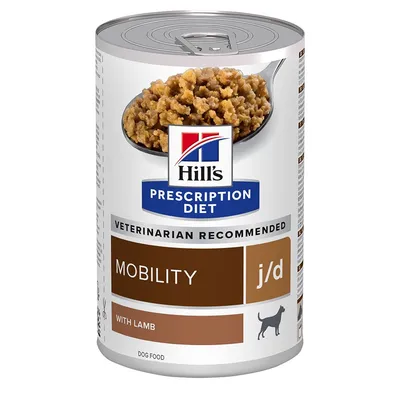 Hill's Prescription Diet Mobility j/d with Lamb, alimento umido per cani. Testo visibile: VETERINARIAN RECOMMENDED, DOG FOOD.