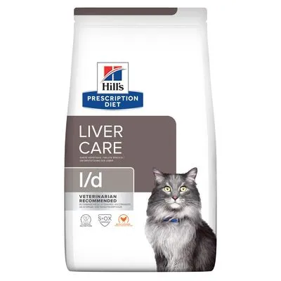 Hill's Prescription Diet Liver Care l/d kattenvoer, tekst: 'Veterinarian Recommended', afbeelding van een kat en diverse keurmerken zichtbaar op de verpakking.