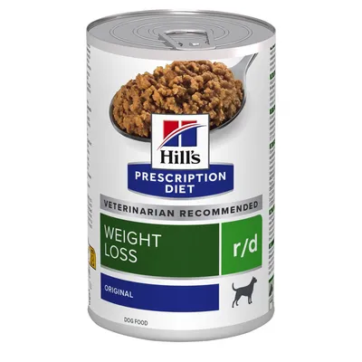 Boîte Hill's Prescription Diet, texte visible : VETERINARIAN RECOMMENDED, WEIGHT LOSS, r/d, ORIGINAL, image de pâtée pour chien, silhouette de chien noire.