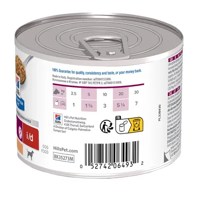 Tabela dawkowania Hill's Prescription Diet i/d Dog Food: dla psa 2,5 kg – 1 puszka, 5 kg – 1 3/4, 10 kg – 3, 20 kg – 5 3/4, 30 kg – 7. Kod BK35273M, kod kreskowy 052742064932.