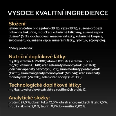 Seznam složek, doplňky živin a analytické hodnoty: jehněčí, rýže, drůbeží protein, vitaminy A, D3, E, C, minerální látky, protein 27 %, tuk 12,5 %, taurin 0,1 %, L-karnitin 0,02 %.