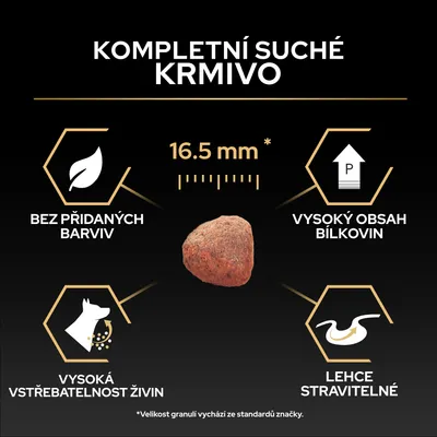 Kompletní granule, 16,5 mm velikost, bez barviv, vysoký obsah bílkovin, vysoká vstřebatelnost živin, lehce stravitelné.
