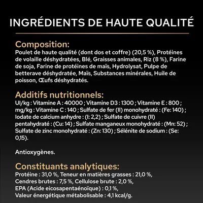 Liste des ingrédients, valeurs nutritionnelles et additifs : protéine 31 %, matières grasses 21 %, vitamines A, D3, E, C, minéraux, EPA, valeur énergétique 4,1 kcal/g, antioxydants. Liste des ingrédients, valeurs nutritionnelles et additifs : protéine 31 %, matières grasses 21 %, vitamines A, D3, E, C, minéraux, EPA, valeur énergétique 4,1 kcal/g, antioxydants.