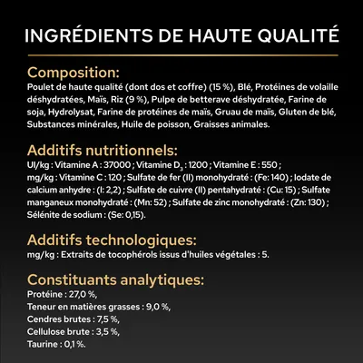 Liste des ingrédients : poulet, blé, maïs, riz, soja, huile de poisson. Additifs nutritionnels : vitamine A, D3, E, C, minéraux. Constituants analytiques : protéine 27 %, matières grasses 9 %, taurine 0,1 %.