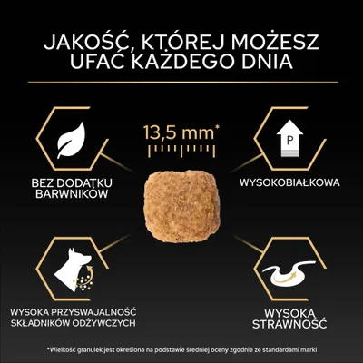 Kawałek karmy o rozmiarze 13,5 mm, bez barwników, o wysokiej zawartości białka, wysokiej strawności i wysokim przyswajaniu składników odżywczych. Jakość, której możesz zaufać każdego dnia. Kawałek karmy o rozmiarze 13,5 mm, bez barwników, o wysokiej zawartości białka, wysokiej strawności i wysokim przyswajaniu składników odżywczych. Jakość, której możesz zaufać każdego dnia.