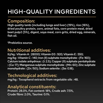 Sestava: jagnjetina, riž, perutninski protein, koruza, živalske maščobe, pesina pulpa, sojina moka, jajce, minerali, ribje olje. Vitamini, elementi v sledovih, tokoferoli, beljakovine 28 %, maščobe 18 %.