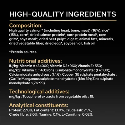 Sestava: losos, riž, koruza, posušen lososov protein, hranilni dodatki: vitamini A, D3, E, C, železo, baker, cink. Analitske sestavine: beljakovine 27 %, maščobe 13 %. Sestava: losos, riž, koruza, posušen lososov protein, hranilni dodatki: vitamini A, D3, E, C, železo, baker, cink. Analitske sestavine: beljakovine 27 %, maščobe 13 %.