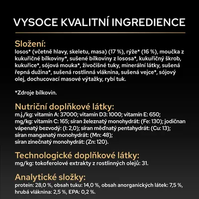 Ingredience: losos 17 %, rýže 16 %, rostlinné a živočišné složky, vitaminy A, D3, E, C, minerální látky, extrakty z rostlinných olejů, Analýza: protein 28 %, tuk 14 %, hrubá vláknina 2,5 %. Ingredience: losos 17 %, rýže 16 %, rostlinné a živočišné složky, vitaminy A, D3, E, C, minerální látky, extrakty z rostlinných olejů, Analýza: protein 28 %, tuk 14 %, hrubá vláknina 2,5 %.