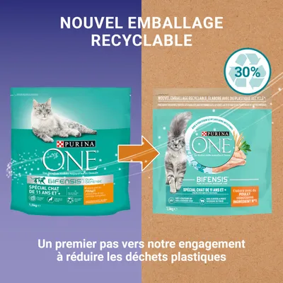 PURINA ONE BIFENSIS SPÉCIAL CHAT DE 11 ANS ET+ ny emballage, 1,5 kg. Tekst: Nouvel emballage recyclable, 30 %. Emballage med kat og kylling. Fransk tekst om reduktion af plastaffald.