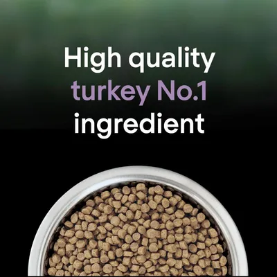 Text states: High quality turkey No.1 ingredient, with a bowl of dry food shown below.