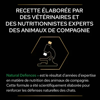 Recette élaborée par des vétérinaires et nutritionnistes experts. Natural Defences+ : formule pour renforcer les défenses naturelles des chats, expertise en nutrition animale.