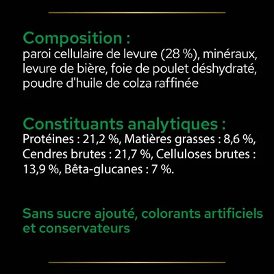 Composition : paroi cellulaire de levure 28 %, minéraux, levure de bière, foie de poulet déshydraté, poudre d'huile de colza raffinée. Protéines 21,2 %, matières grasses 8,6 %, sans sucre ajouté.