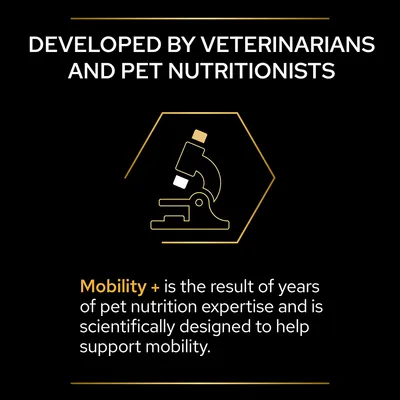 DEVELOPED BY VETERINARIANS AND PET NUTRITIONISTS. Mobility+ is the result of years of pet nutrition expertise and is scientifically designed to help support mobility. (angol nyelvű szöveg)