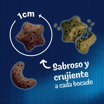 Pienso en forma de estrella y media luna, tamaño 1 cm. Texto: Sabroso y crujiente a cada bocado.