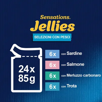 Sensations Jellies Selezioni con Pesci, 24x85g: 6x con sardine, 6x con salmone, 6x con merluzzo carbonaro, 6x con trota. Testo e quantità visibili sull'immagine.