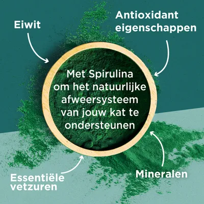 Met Spirulina om het natuurlijke afweersysteem van jouw kat te ondersteunen. Eiwit, antioxidant eigenschappen, essentiële vetzuren, mineralen.