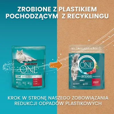 Purina ONE Adult Bifensis. Zrobione z plastikiem pochodzącym z recyklingu. Krok w stronę naszego zobowiązania redukcji odpadów plastikowych.