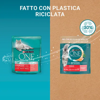 Due confezioni di Purina ONE Bifensis Sterilcat per gatti, testo visibile: 'Fatto con plastica riciclata', simbolo riciclo con '30%'. Una confezione mostra anche 'NEU ZUM RECYCELN ENTWORFEN'.