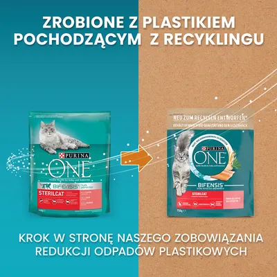 Purina ONE Sterilcat, opakowanie z plastikiem pochodzącym z recyklingu. Krok w stronę redukcji odpadów plastikowych. Widoczne dwa różne opakowania karmy dla kota.