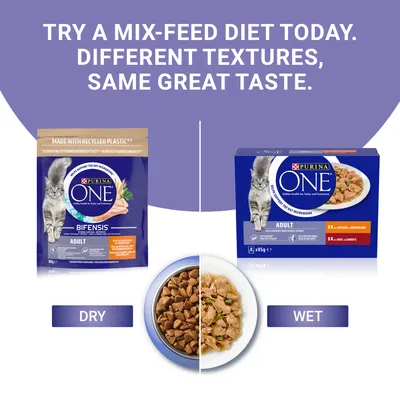 Mix-feed diet suggestion showing Purina One adult dry and wet food, with bowls displaying different textures. Text: Try a mix-feed diet today. Different textures, same great taste.