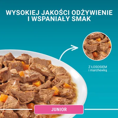 Wysokiej jakości odżywienie i wspaniały smak. Z łososiem i marchewką. JUNIOR.