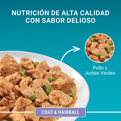 Comida húmeda con trozos de pollo y judías verdes en salsa. Texto: Nutrición de alta calidad con sabor delicioso, Pollo y Judías Verdes, Coat & Hairball.
