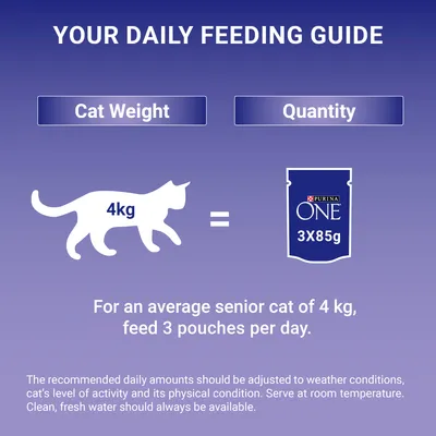 Feeding guide: for a senior cat weighing 4kg, feed 3 pouches of 85g each per day. Adjust amount based on activity and condition. Always provide fresh water.