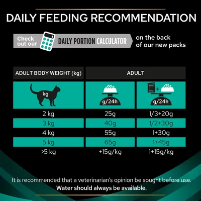 Daily feeding recommendation chart for adult cats by weight: 2 kg 25g, 3 kg 40g, 4 kg 55g, 5 kg 65g, over 5 kg add 15g/kg. Water should always be available.