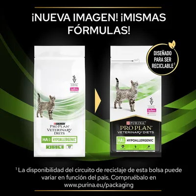 Cambio de envase: Purina Pro Plan Veterinary Diets HA Hypoallergenic para gatos. Nuevo diseño, mismas fórmulas. Texto: Diseñado para ser reciclable.