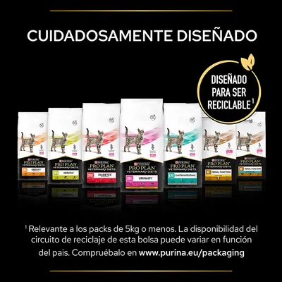 Bolsas de pienso Purina Pro Plan Veterinary Diets para gatos, variedades Obesity, Hepatic, Diabetes, Urinary, Gastrointestinal y Renal Function. Texto: Diseñado para ser reciclable.