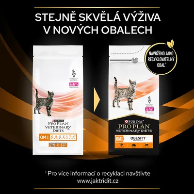 PURINA PRO PLAN VETERINARY DIETS OM Obesity Management pre mačky, starý a nový obal s textom: Navrhnuté ako recyklovateľný obal. Text v češtine: Stejně skvělá výživa v nových obalech.