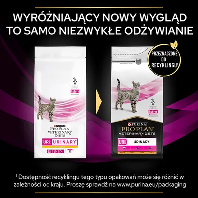 Porównanie dwóch opakowań karmy PURINA PRO PLAN VETERINARY DIETS UR Urinary dla kotów, informacja: przeznaczone do recyklingu, ISFM, zmiana wyglądu opakowania.