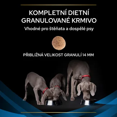 Text v češtine: Kompletní dietní granulované krmivo, vhodné pro štěňata a dospělé psy, přibližná velikost granulí 14 mm. Tri psy jedia z misiek, zobrazená granula.