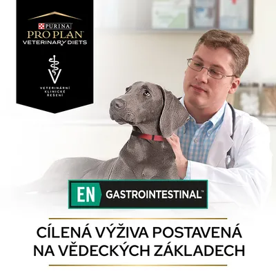 Purina Pro Plan Veterinary Diets, EN Gastrointestinal. Cílená výživa postavená na vědeckých základech. Veterinární klinické řešení. Pes u veterináře.