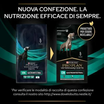 Due confezioni di PURINA PRO PLAN VETERINARY DIETS EN GASTROINTESTINAL per cani, con testo: 'Nuova confezione. La nutrizione efficace di sempre.' e 'Progettato per essere riciclabile'.