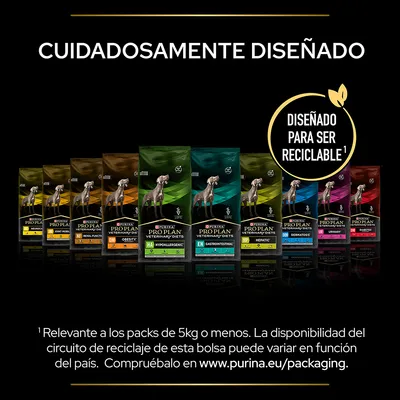 Purina Pro Plan Veterinary Diets para perros, varios tipos de pienso en envases de colores. Texto: 'Cuidadosamente diseñado', 'Diseñado para ser reciclable'. Consulta reciclaje en www.purina.eu/packaging.