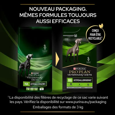 Nouveau packaging Purina Pro Plan Veterinary Diets HA Hypoallergenic pour chien, conçu pour être recyclable. Même formule, efficacité identique. Emballages 3 kg.