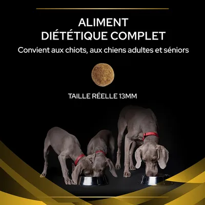 Aliment diététique complet, convient aux chiots, chiens adultes et séniors. Taille réelle 13 mm. Trois chiens gris avec collier rouge mangeant dans des gamelles en métal.