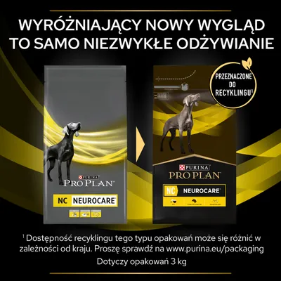 Purina Pro Plan NC Neurocare, nowe opakowanie 3 kg. Przeznaczone do recyklingu. Informacja: dostępność recyklingu zależy od kraju, szczegóły na www.purina.eu/packaging.