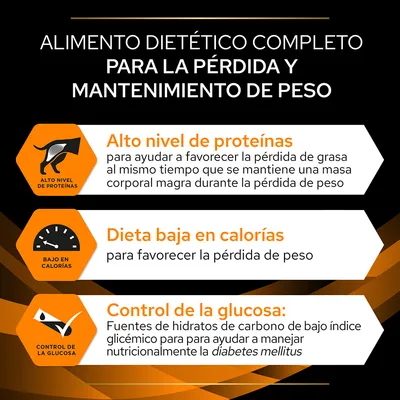 Alimento dietético completo para la pérdida y mantenimiento de peso. Alto nivel de proteínas, dieta baja en calorías, control de la glucosa para manejo nutricional de diabetes mellitus.